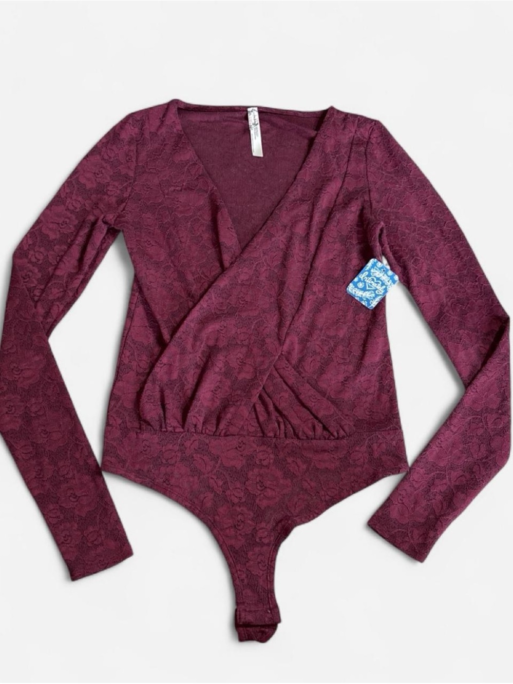 Intimately Free People Burgundy Lace Surplice Long-Sleeve Bodysuit